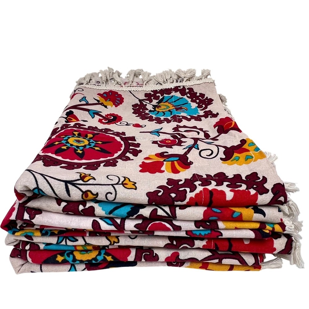 Suzani Style Curtains Cotton Blend Floral Boho Tassel Fringe 56x84 (4 panels) - Picture 3 of 10